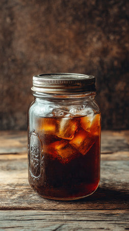 Cola in a glass jar with ice cubes on a wooden background.