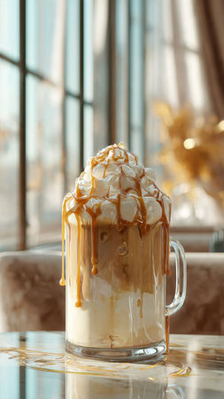 Coffee with whipped cream and caramel on a glass table.の写真素材