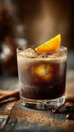 Cuba libre cocktail with orange and coffee on dark wooden background