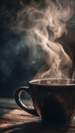 Cup of hot coffee with smoke on wooden table, closeupの写真素材