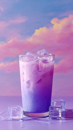 Purple milkshake with ice cubes on a purple background.の写真素材