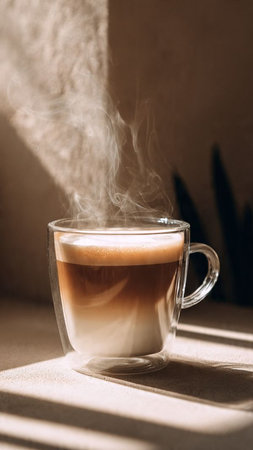 Cup of coffee with steam on the table in the sunlight.の写真素材