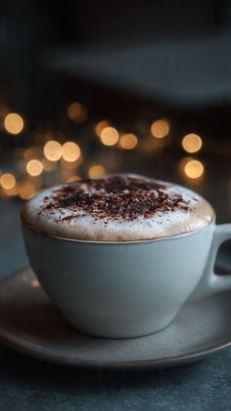 Cappuccino in a white cup on a saucer with bokeh backgroundの写真素材