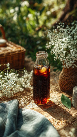 A bottle of black tea with white flowers on a table in a summer gardenの写真素材