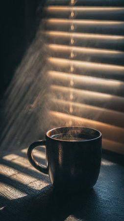 Coffee cup on the windowsill with blinds and sunlightの写真素材