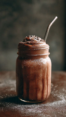 Chocolate milkshake in a glass jar on a dark background
