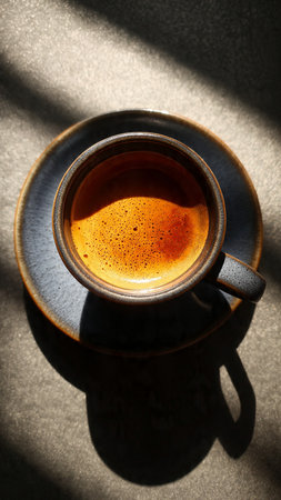 Cup of black coffee on the table in the morning sunlight.の写真素材