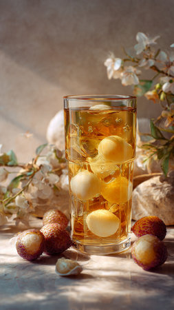 Glass of litchi juice with fruits and flowers on the tableの写真素材
