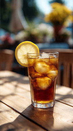 Glass of cola with ice cubes and lemon slice on wooden tableの写真素材