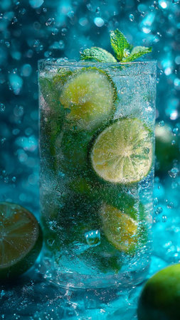 Mojito cocktail with lime, mint and ice on blue background