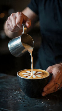 Barista pouring milk in a cup of latte art coffee.の写真素材