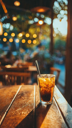 Iced cola glass on wooden table in coffee shop, stock photoの写真素材