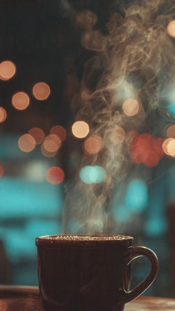 Cup of coffee on a wooden table in a cafe with bokehの写真素材