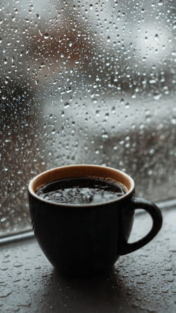 Coffee cup on the windowsill with raindrops on the glassの写真素材