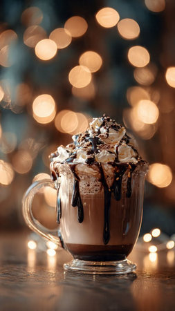 Hot chocolate with whipped cream and chocolate sauce in a glass on a background of Christmas lightsの写真素材