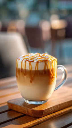 Cappuccino with caramel topping on wooden table in coffee shopの写真素材