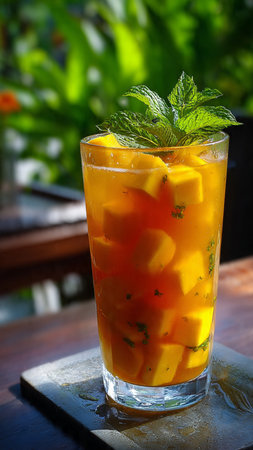 Iced tea with mango and mint in a glass on the tableの写真素材