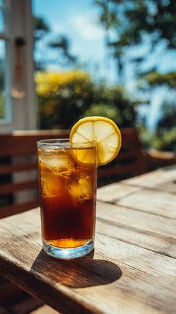 Iced tea with lemon on wooden table in cafe. Soft focusの写真素材