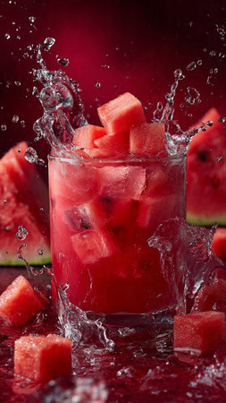 Watermelon in a glass with splashes of water on a red backgroundの写真素材