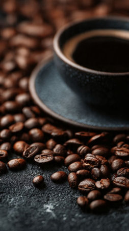 Cup of coffee and beans on black background, closeup viewの写真素材