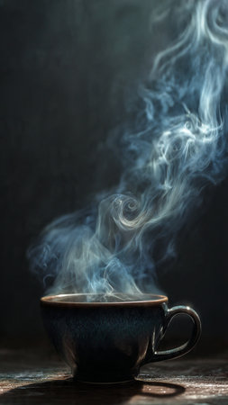 A cup of hot coffee on a wooden table with smoke in the darkの写真素材