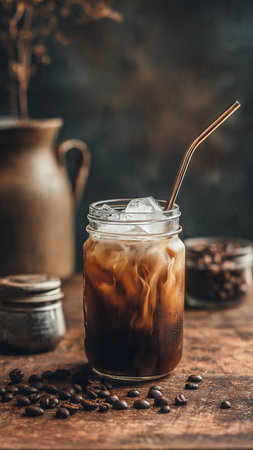Iced coffee in glass jar and coffee beans on dark background.の写真素材