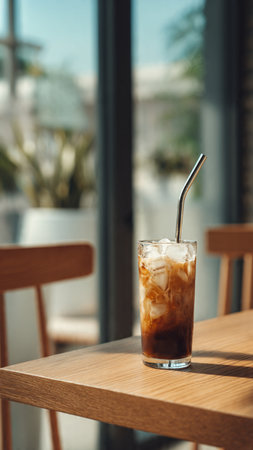 Iced coffee in glass on wooden table in coffee shop, stock photoの写真素材