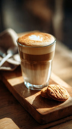 Cappuccino coffee with oatmeal cookies on wooden board.