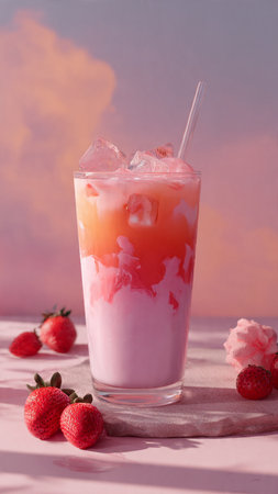 Strawberry milkshake in a glass on a pink backgroundの写真素材