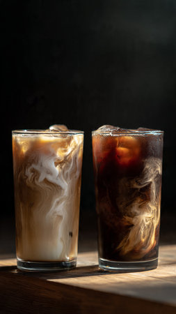 Iced coffee with ice cubes in glass on wooden table and black background
