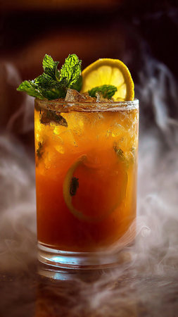 Mojito cocktail with lemon and mint on a dark background.の写真素材