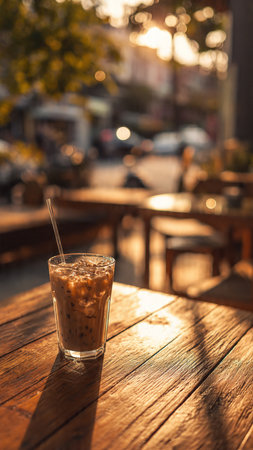 Iced coffee in a glass with straw on a wooden table.の写真素材