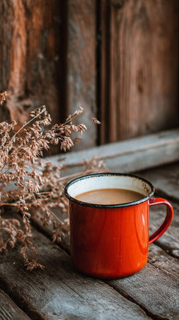 Coffee cup and dry grass on rustic wooden background.の写真素材