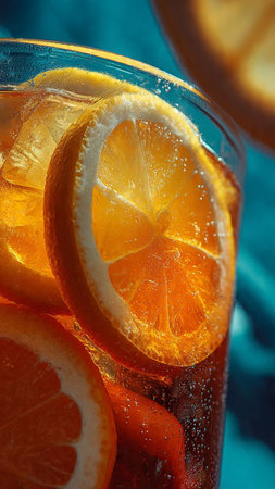Cocktail with ice, lemon and orange slices on a blue backgroundの写真素材