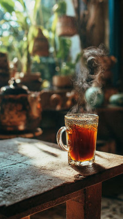 Cup of hot tea with smoke on wooden table, stock photoの写真素材