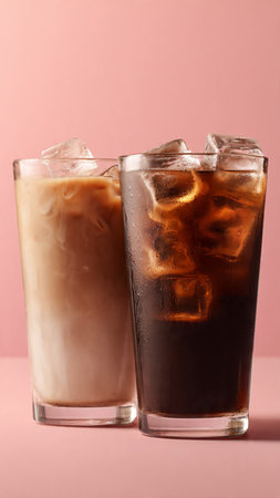 Iced coffee with ice cubes in glasses on pink background, closeup