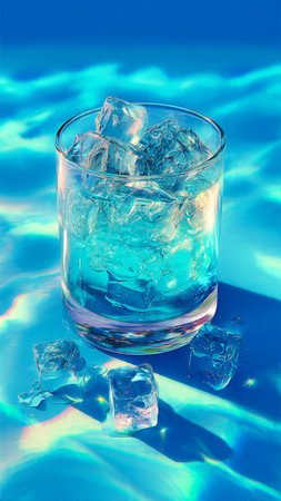Glass of water with ice cubes on a blue background with reflection.の写真素材