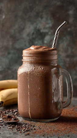 Mason jar with delicious chocolate smoothie and ingredients on dark backgroundの写真素材