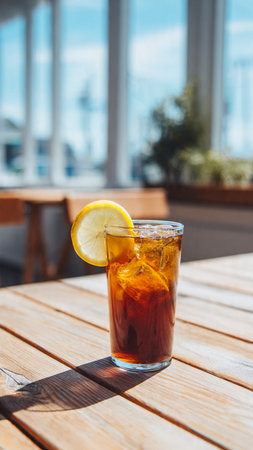 Iced tea with lemon on a wooden table in a cafe.