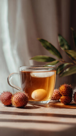 A cup of tea with rambutan on a wooden table.の写真素材