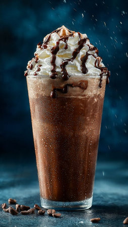 Coffee frappe with whipped cream and chocolate on blue background