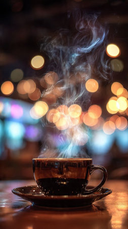 Cup of coffee with bokeh lights on background, close upの写真素材