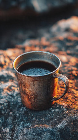 Cup of coffee on the rocks. Coffee in the mountains.の写真素材