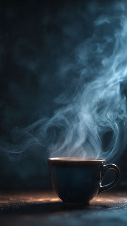 Cup of hot coffee with smoke on dark background. Selective focusの写真素材