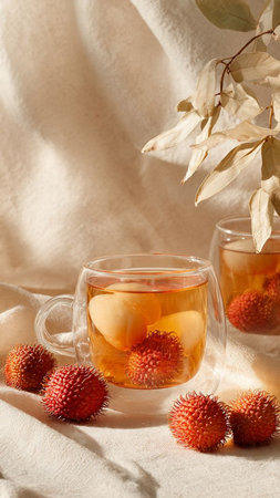 Rambutan fruit tea in a glass cup on a light background.