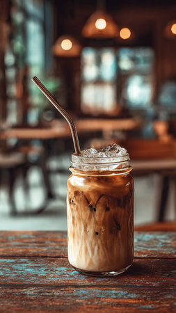 Iced coffee in glass on wooden table in coffee shop, stock photoの写真素材
