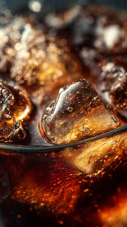cola with ice cubes on a dark background, close-upの写真素材