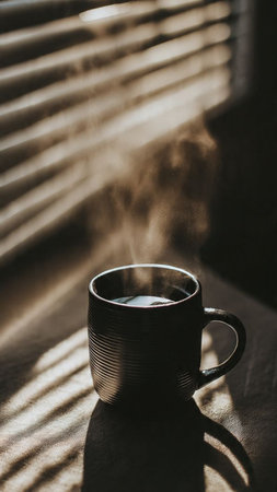 Coffee cup in the morning sunbeams through the windowの写真素材