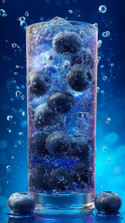 Blueberries in a glass of water with bubbles on a blue backgroundの写真素材