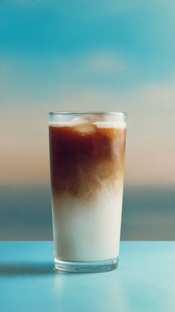 Iced coffee in glass on blue table and blue sky background.の写真素材